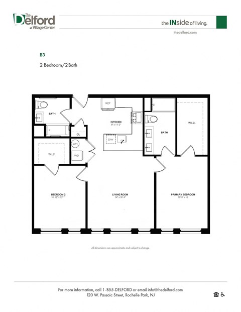 A black and white floor plan for a 2 Bedroom/2 Bath apartment.